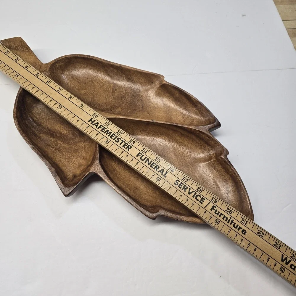 Mid Century MCM Carved Mahogany Wood‎ Divided Leaf Tray Platter 21.5